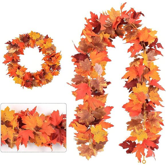 Fall Leaves Garland 2 Pack Red Maple Leaf 5.9 Ft Autumn Thanksgiving Decor - Picture 4 of 5